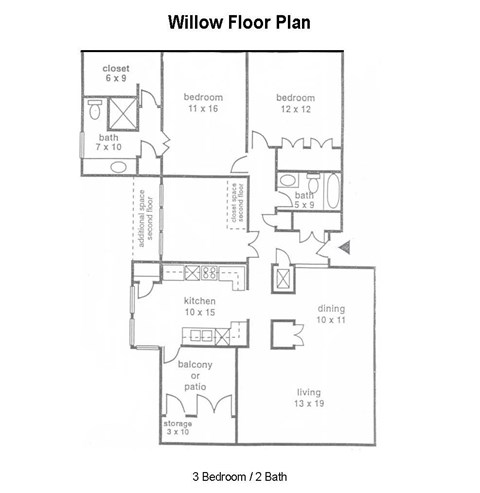 A floor plan of a Willow floor plan with 3 bedrooms and 2 bathrooms.